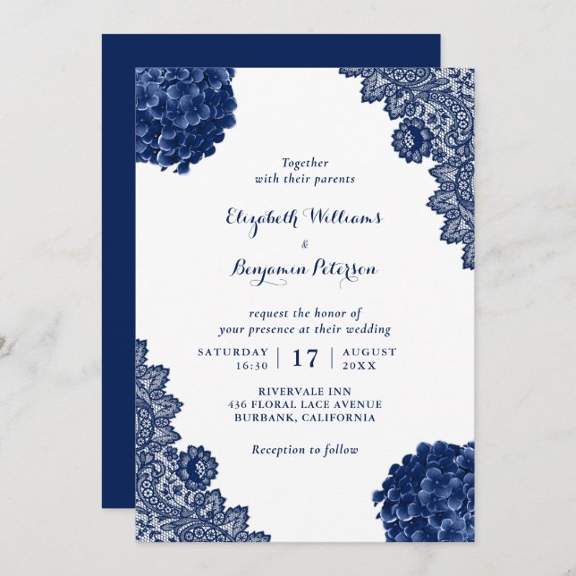 Convite Casamento Floral de Hydrangea Azul com Marinho Rus (Frente/Verso)