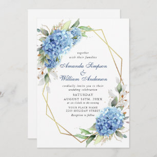 Convite Casamento Floral de Hydrangea Blue Watercolor