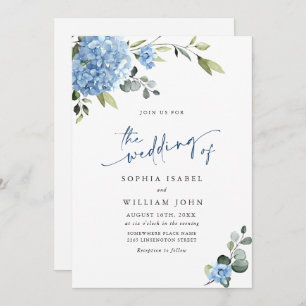 Convite Casamento Floral de Hydrangea Blue Watercolor