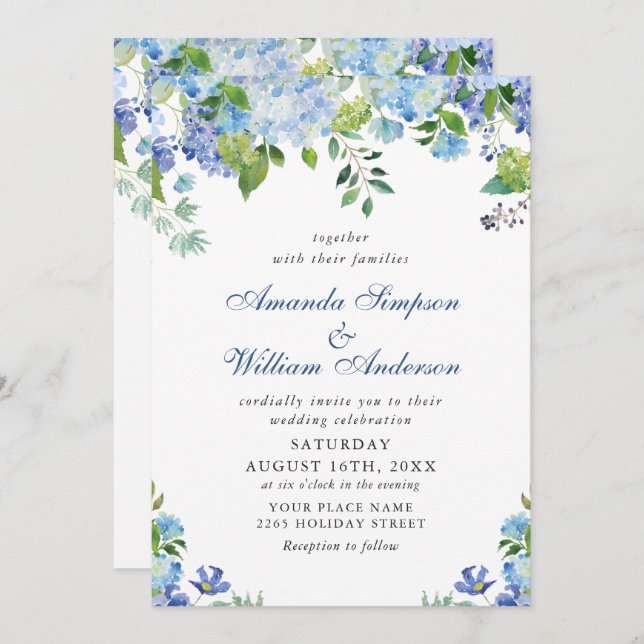 Convite Casamento Floral de Hydrangea Blue Watercolor (Frente/Verso)