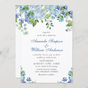 Convite Casamento Floral de Hydrangea Blue Watercolor