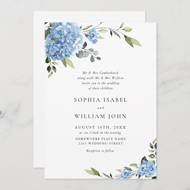 Convite Casamento Floral de Hydrangea Blue Watercolor (Frente/Verso)