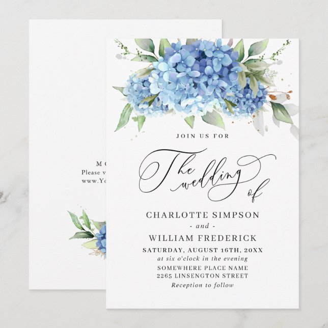 Convite Casamento Floral de Hydrangea Blue Watercolor (Frente/Verso)