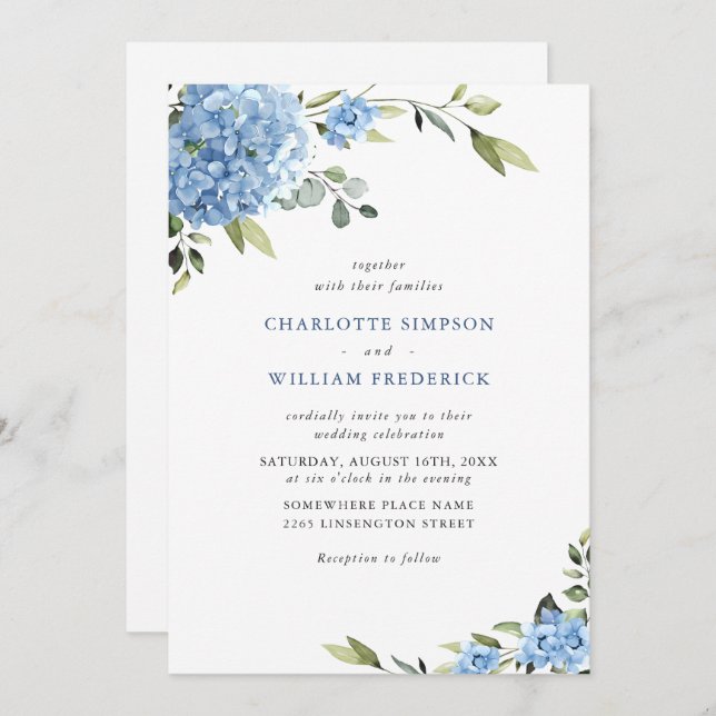 Convite Casamento Floral de Hydrangea Blue Watercolor (Frente/Verso)