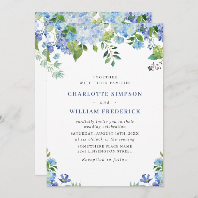 Convite Casamento Floral de Hydrangea Blue Watercolor (Frente/Verso)