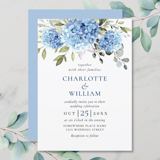 Convite Casamento Floral de Hydrangea Blue Watercolor (Criador carregado)