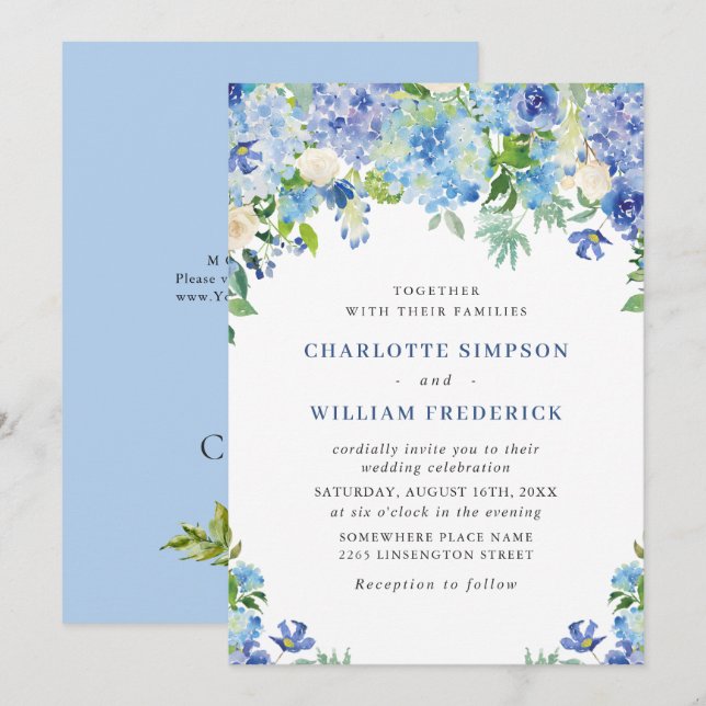 Convite Casamento Floral de Hydrangea Blue Watercolor (Frente/Verso)