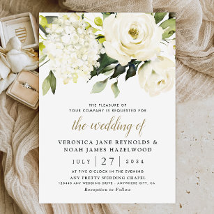 Convite Casamento Floral de Hydrangea Elegant White Dourad