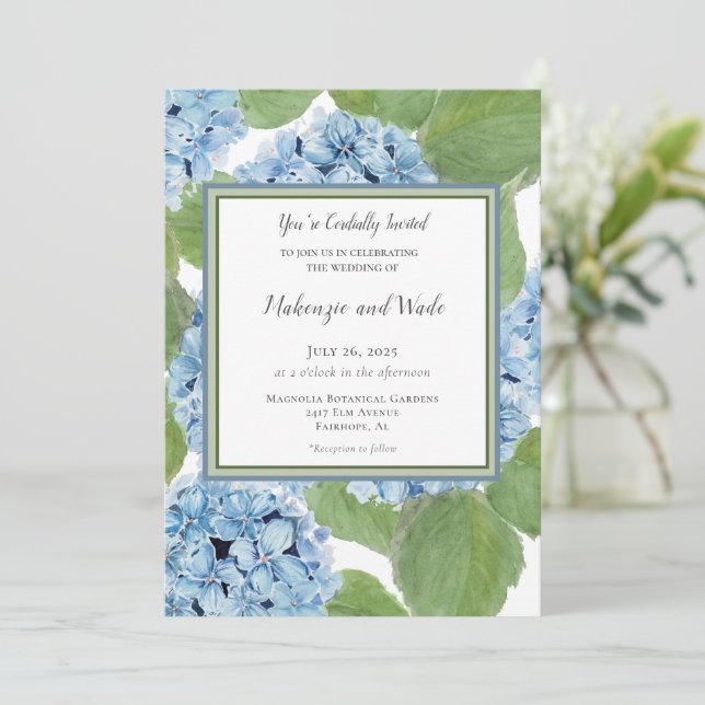Convite Casamento Floral de Hydrangea Hydrangea Azul Elega (Em pé/Frente)