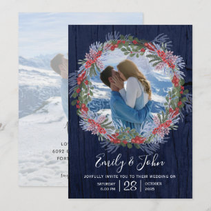Convite Casamento Floral de Inverno Azul Naval Elegante