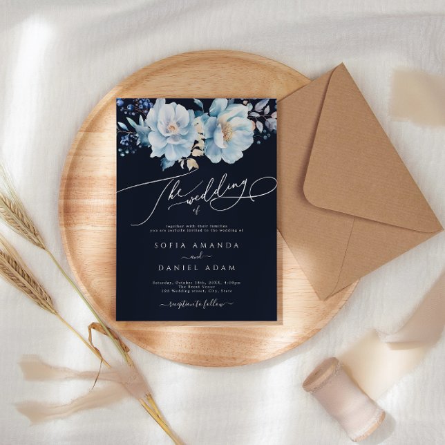 Convite Casamento Floral de Inverno Azul-Vazio-Vazio (Criador carregado)