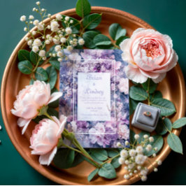 Convite Casamento Floral de Inverno com Azul Mármore Lilás