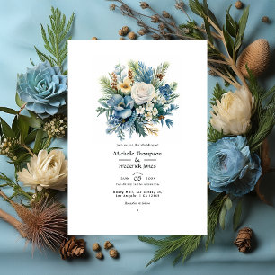 Convite Casamento Floral de Inverno com Pinho, Latão e Azu
