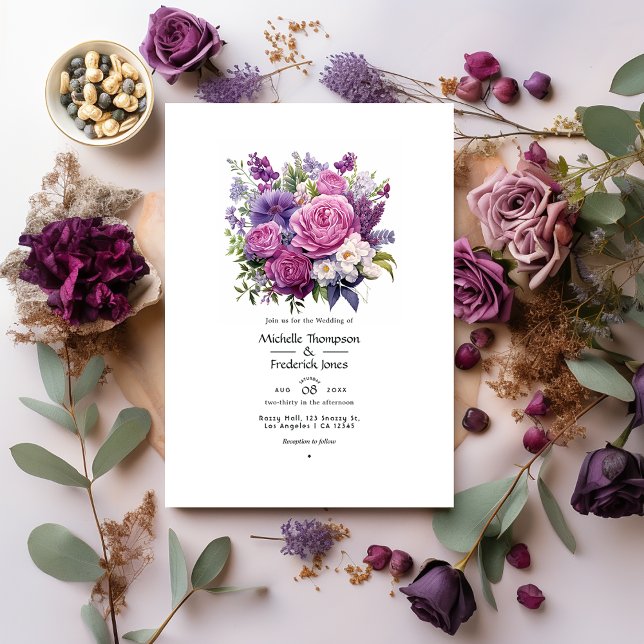 Convite Casamento Floral de Inverno com Tons de Roxo (Criador carregado)