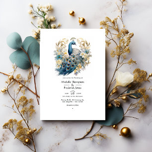 Convite Casamento Floral de Inverno em Cinza, Azul Pavão e