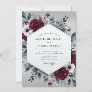 Convite Casamento Floral de Inverno em Slate Borgonha