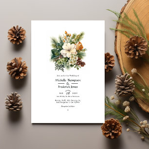 Convite Casamento Floral de Inverno em Verde Pinho e Marro