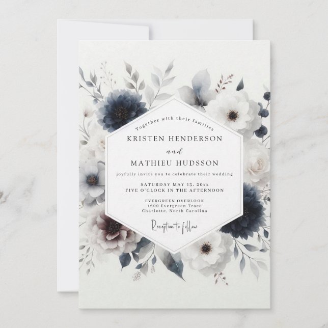 Convite Casamento Floral de Inverno Índigo (Frente)
