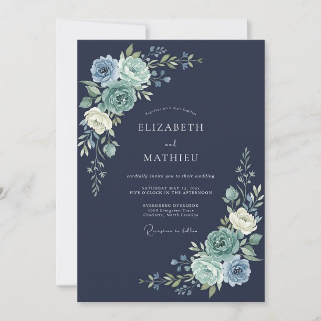 Convite Casamento Floral de Inverno Marinho (Frente)