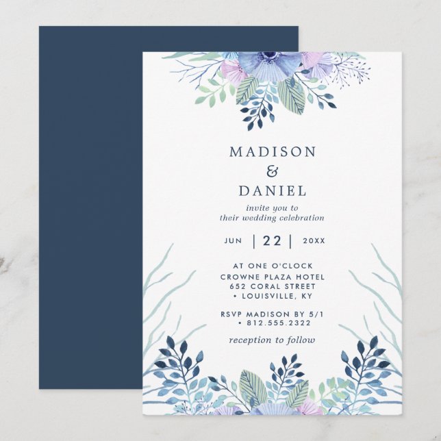 Convite Casamento Floral de Inverno Rústico em Azul Naval  (Frente/Verso)