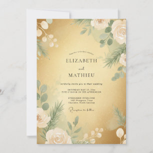Convite Casamento Floral de Inverno Soberbo Dourado