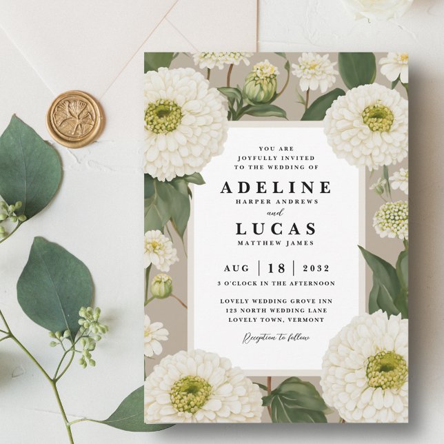 Convite Casamento Floral de Ivory, Flor da Flor da Zinnia  (White zinnia flower wedding invitation, elegant ivory floral wedding invite, taupe beige sand green)