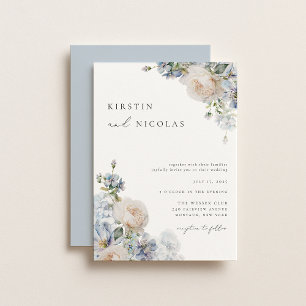 Convite Casamento Floral de Jardim Azul e Chic Dusty Conte