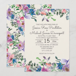 Convite Casamento Floral de Jardim com Aquarela Rosa Bege 