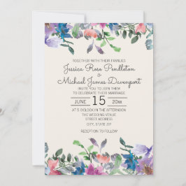 Convite Casamento Floral de Jardim de Aquarela Púrpura e B