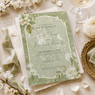 Convite Casamento Floral de Jardim de Pássaros em Verde Pi