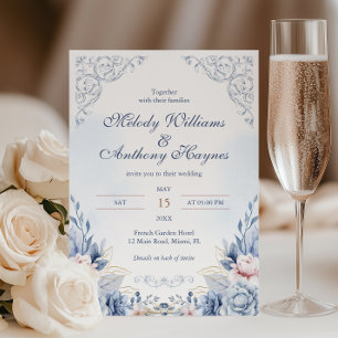 Convite Casamento Floral de Jardim Francês Azul Empoeirado