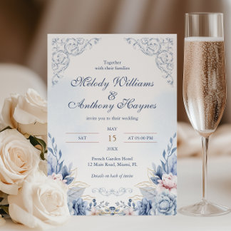 Convite Casamento Floral de Jardim Francês Azul Empoeirado