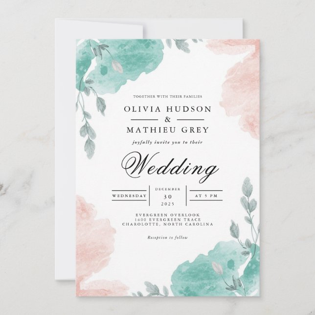 Convite Casamento Floral de Lâmpada de Lâmpada Teal (Frente)
