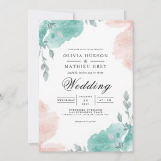 Convite Casamento Floral de Lâmpada de Lâmpada Teal