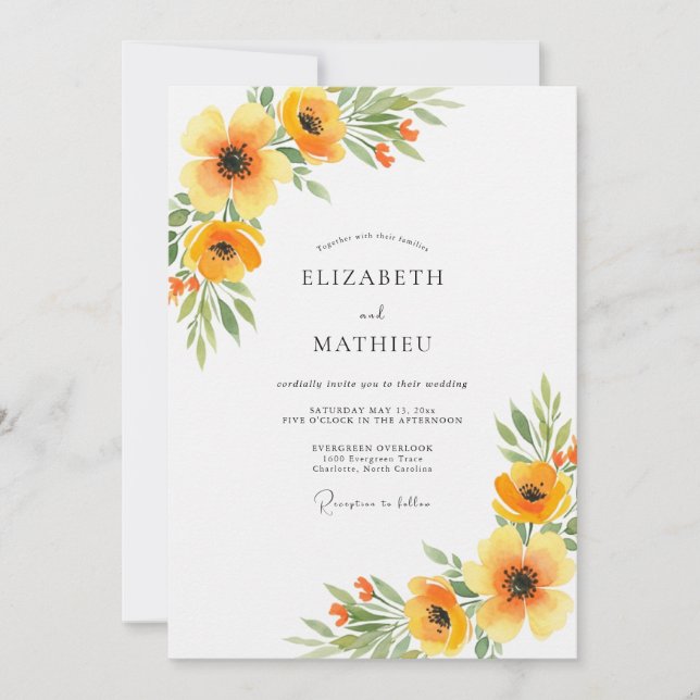 Convite Casamento Floral de Laranja na Primavera (Frente)