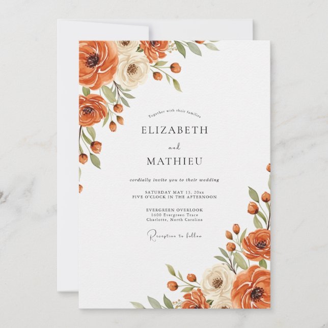 Convite Casamento Floral de Laranja Outono (Frente)