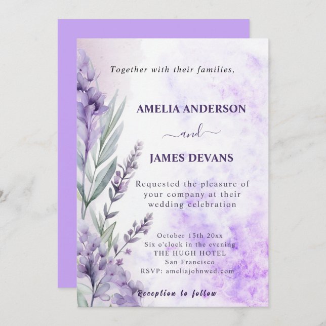 Convite Casamento Floral de Lavanda de Aquarela Elegante (Frente/Verso)