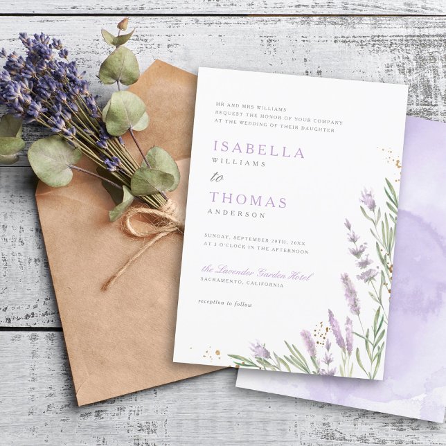 Convite Casamento Floral de Lavanda Dourada e Aquarela Ele (Criador carregado)
