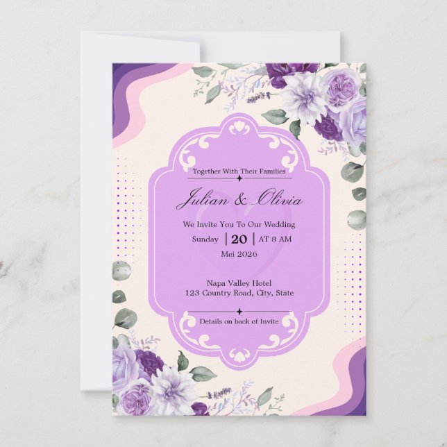 Convite Casamento Floral de Lavanda e Roxo Elegante (Frente)