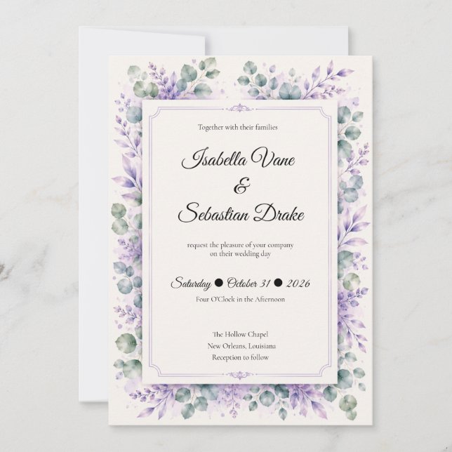Convite Casamento Floral de Lavanda Etérea (Frente)