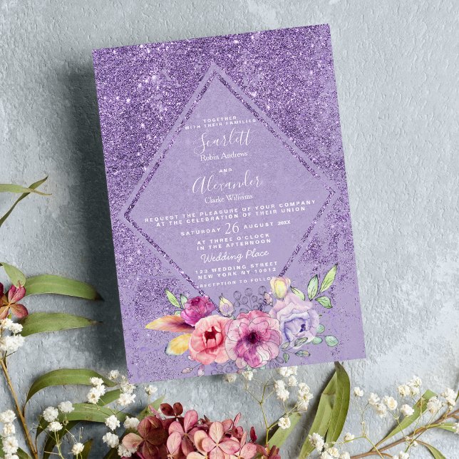 Convite Casamento floral de lavanda rosa elegante (Elegant pink lavender glitter floral Wedding )
