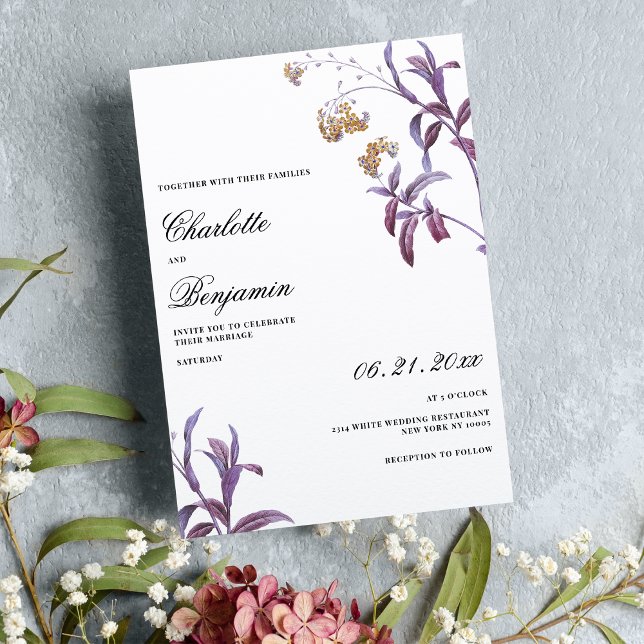 Convite Casamento floral de lavanda roxa-do-campo (Vintage purple lavender orange leaf floral wedding)