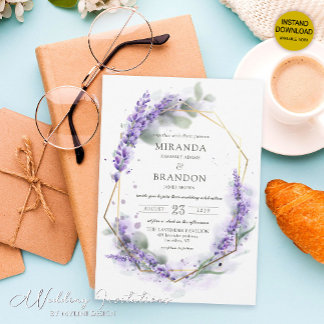 Convite Casamento Floral de Lavanda Roxo Elegante