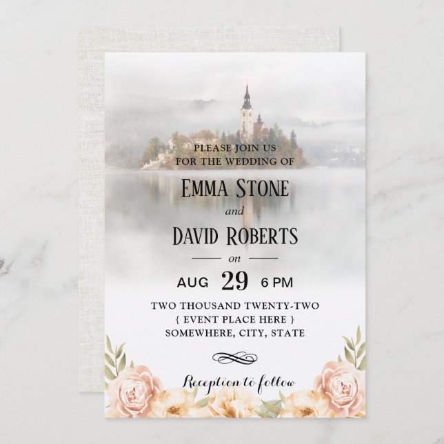 Convite Casamento Floral de Leite Misty Lake Elegant (Frente/Verso)