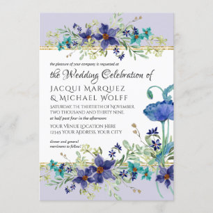 Convite Casamento Floral de Lilac Aqua Blue Watercolor Pop