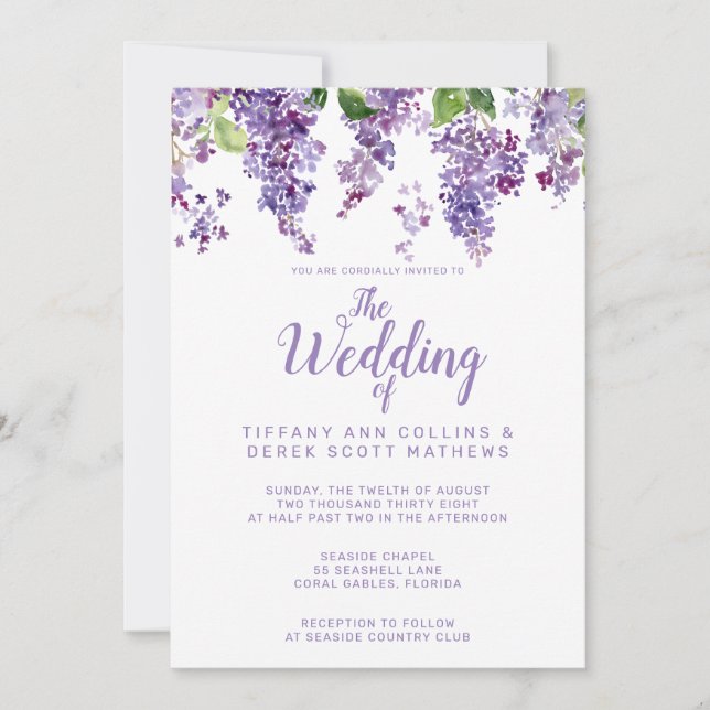 Convite Casamento Floral de Lilacs Purple Watercolor (Frente)