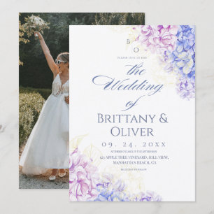 Convite Casamento Floral de Lilás e Azul Moderno na Primav