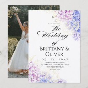 Convite Casamento Floral de Lilás e Azul Moderno na Primav