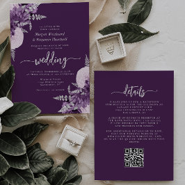 Convite Casamento Floral de Lilás Roxo com Código QR Prate