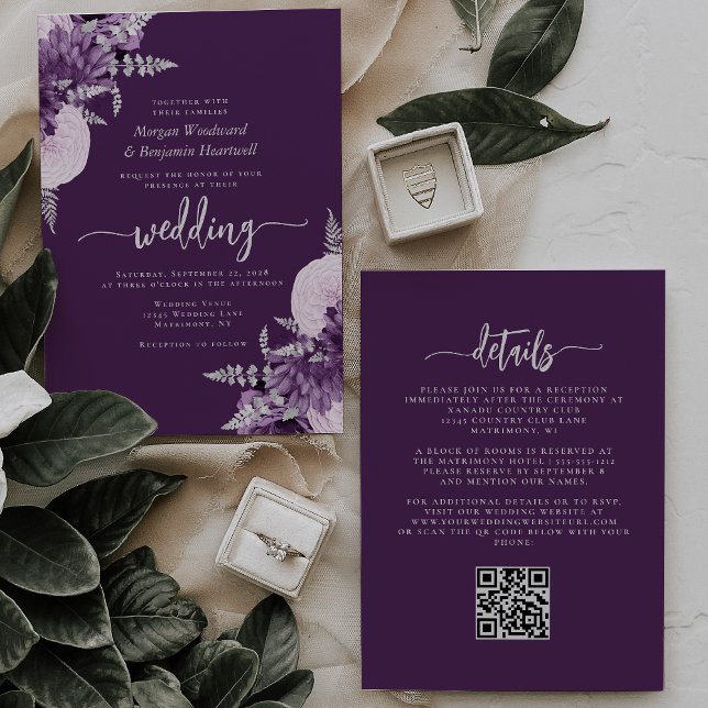 Convite Casamento Floral de Lilás Roxo com Código QR Prate (Criador carregado)